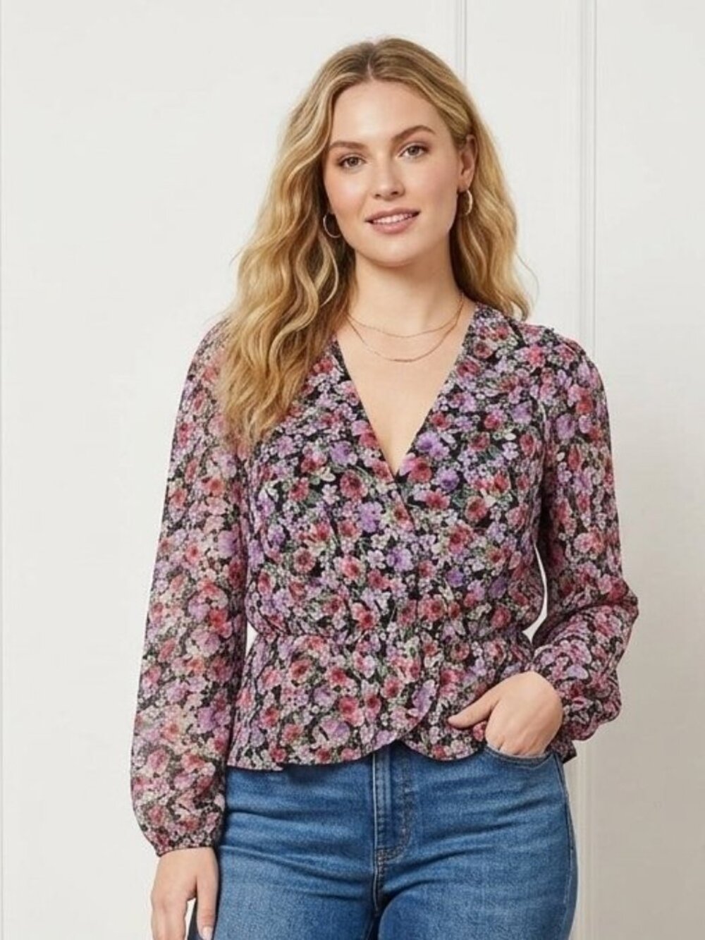 NWT ASTR Black lilac floral wrap blouse, size L